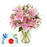 Pink Lilies in Glass vase with Red Velvet Cake